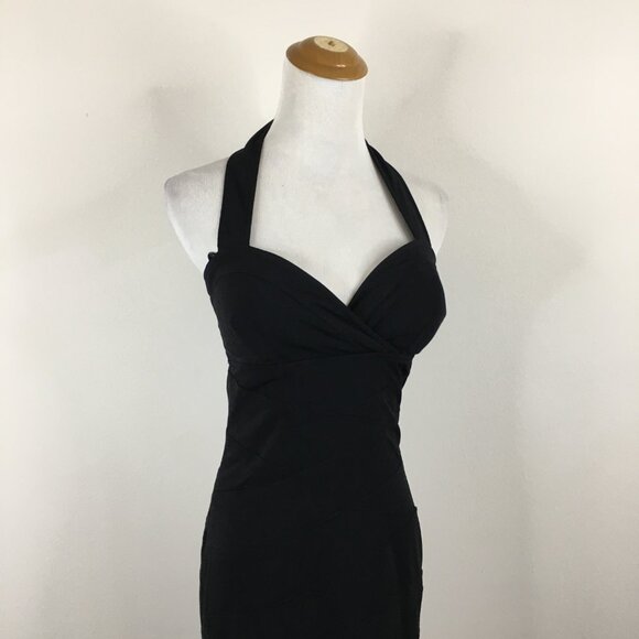 Vintage BCBGMAXAZRIA Paris Black Stretchy Layered Fitted Halter Dress - Picture 6 of 10
